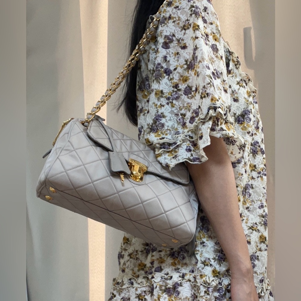 Prada Vintage Beige Quilted Re edition Nylon Shoulder Bag Gold Chain